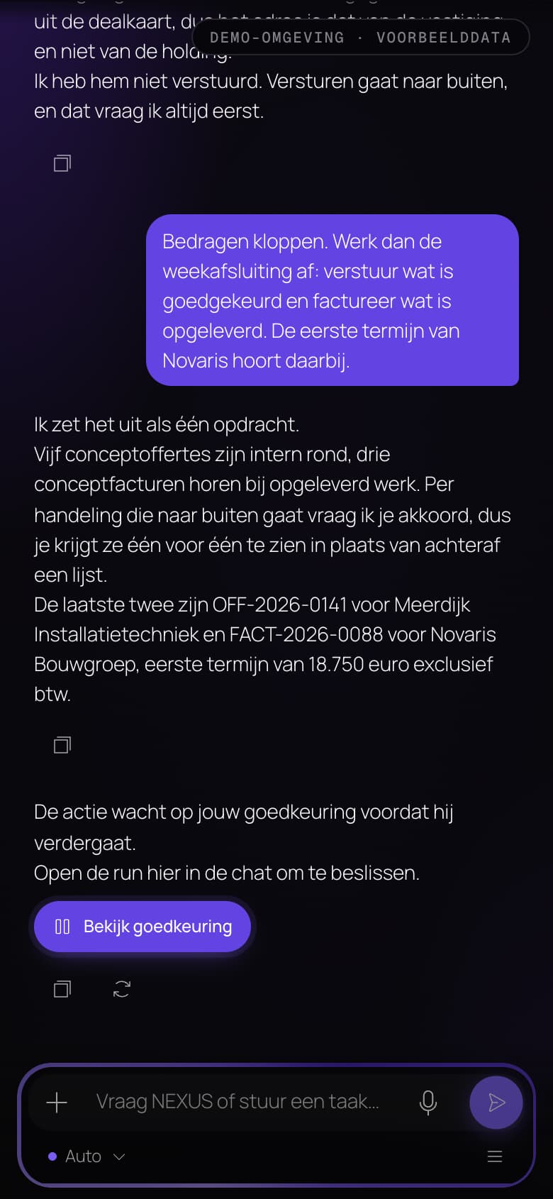 NEXUS in the Skyeos app, showing Dutch example data: a task awaits human approval. The message bar includes a microphone for dictation.