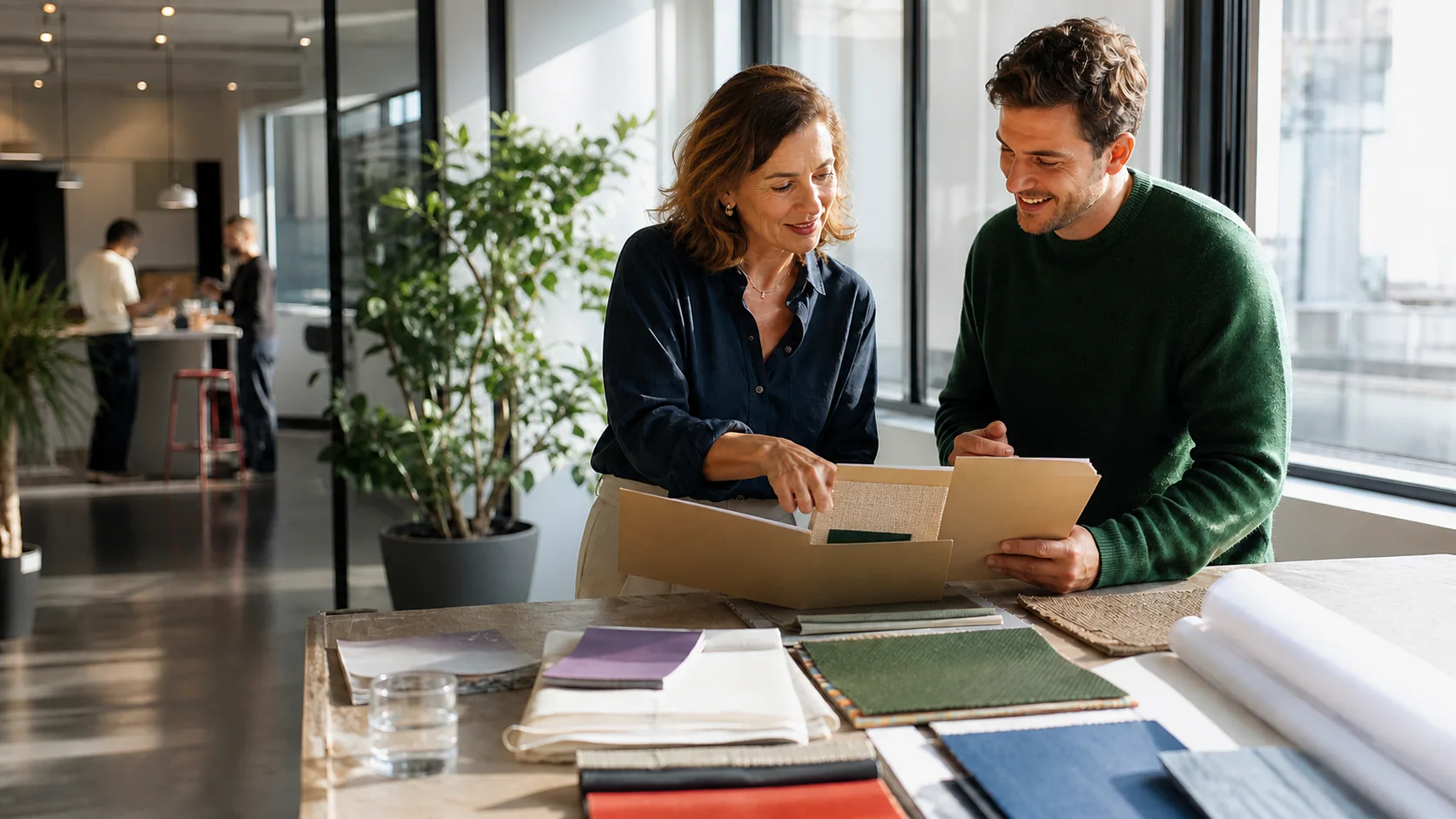 Illustrative scene of two business-services colleagues reviewing one shared customer brief