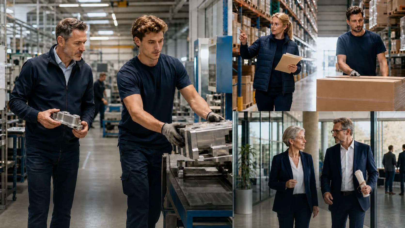 Illustrative scene of people in manufacturing, logistics and business services carrying work into its next step