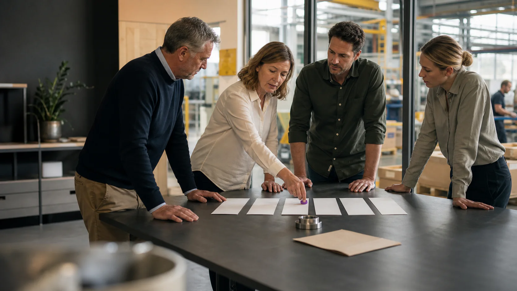 Illustrative scene of four business leaders identifying one operating bottleneck with blank process materials