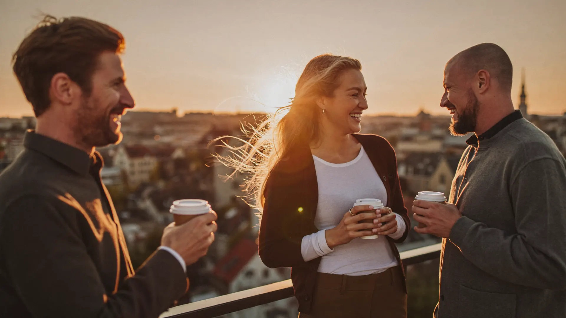 Illustrative scene of three people in conversation on a rooftop